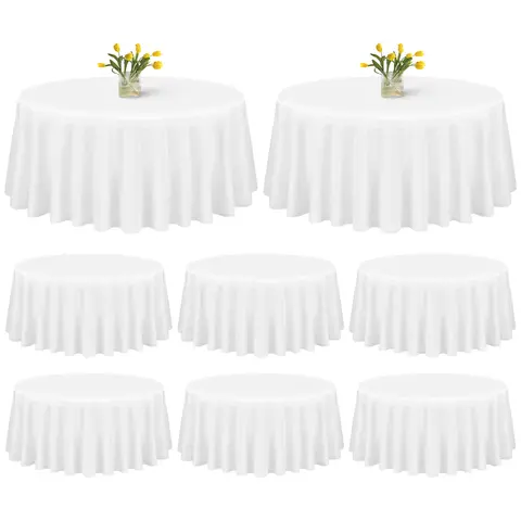 SHOWGEOUS 8-Pack Round Overlay Table Covers (60"-120", 90in/120in), 100% 180 GSM High-Grade Opaque Polyester, Hemmed Edges, Wrinkle-Resistant, Washable, Do Not Iron Party Decoration Supplies for Outdoor Bonfire Events