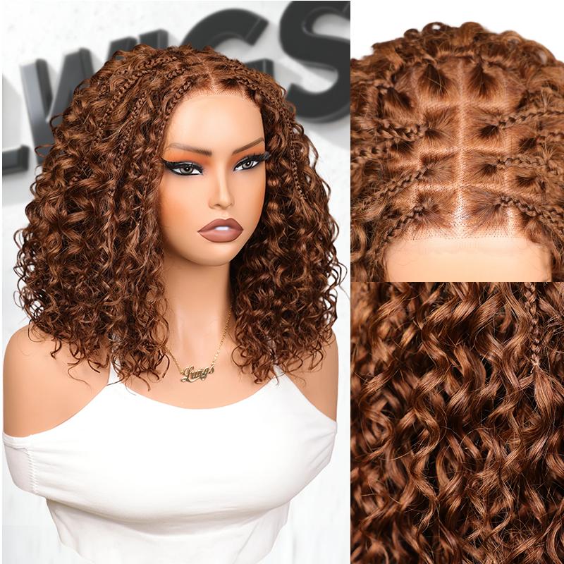 【100%Human Hair】LWIGS Boho Braids Deep Curly Glueless 5x5 Closure Pre-Cut Lace Short Curly Human Hair Braided Wig Natural Black Bohemian Style , cannot be dyed