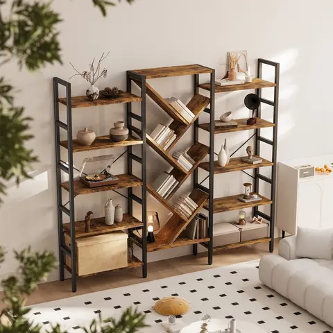 InnoD Industrial Bookshelf - 5-Tier Triple Tree-Shape Steel Frame with 17 Open Storage Shelves, Anti-Tip Kit, Leveling Feet, Built to Last Assembly-Required Home Library Furniture, Living Room Decor for Bedroom