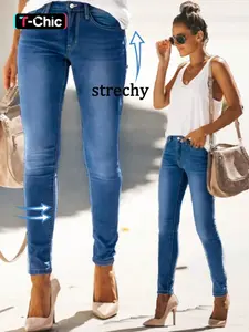 Women's Denim Jeans Elastic Blue Slim Fit Skinny Pants, Denim Skinnies, Casual All Season Wear, Comfortable Stretch Fabric, Perfect for Daily Use, Stretchy Skinny Jeans