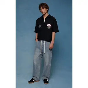 Men’s vintage washed denim jeans set, casual long pants with a drawstring waist and elastic waistband; loose straight-leg fit suitable for everyday wear and commuting; fashionable jeans for various occasions