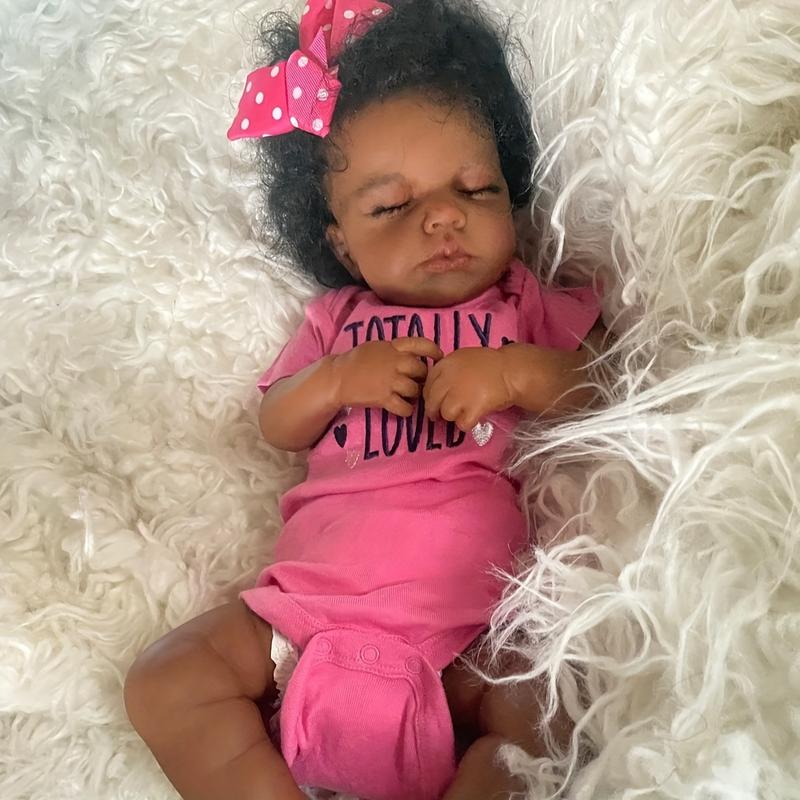 19 Inch/49CM Real Mini Size Hand Rooted Curly Hair Newborn Dolls, Dark Brown Skin, Soft Touch Handmade Dolls, Halloween/Thanksgiving Day/Christmas Gift