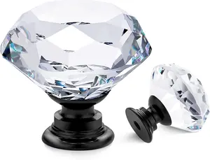 5 Pack Crystal Drawer Knobs - Glass Cabinet Knobs, Diamond Shaped, 30 mm with Black Ba