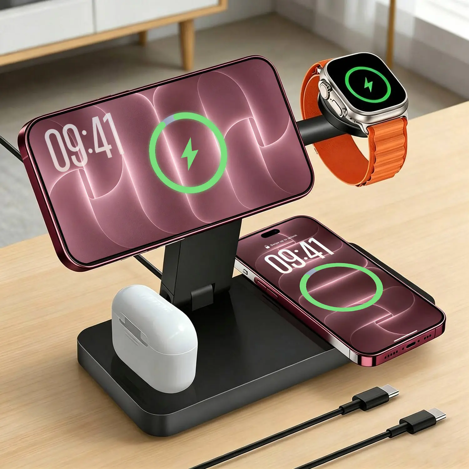 4 in 1 Magnetic Wireless Charging Station, Fast Charger Dock for iPhone Duo 18 17 16 15 14 13 12 Pro Max Plus Mini, Apple Watch Ultra 12 11 9 8 7 SE, AirPods Pro 3 2, Foldable Charger Stand Pad