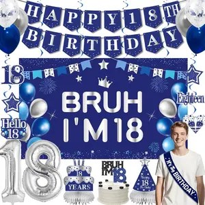 25-Piece 18th Birthday Party Supplies Set,18th Birthday Party Supplies Kit for Boys - Blue Silver "Bruh I'm 18" Backdrop, Birthday Decorations,Happy 18th Banner, Table Honeycomb Centerpieces, Cake Topper, Balloons, Hanging Swirls