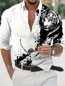 Men's Regular Fit Tiger Print Button Front Shirt, Casual Long Sleeve Collared Top for All Seasons, Animal Print Shirt, Fashion Men's Clothes for Daily Wear, Casual Wear Clothing, Casual Shirts