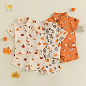 Toddler Baby Boy Halloween Outfit Pumpkin Print Button Down Short Sleeve Muslin Shirt Top and Shorts Set Fall Clothes