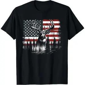 Cotton Graphic Tees Streetwear Gifts  Deer Hunting American Flag Whitetail Buck Antlers T-Shirt