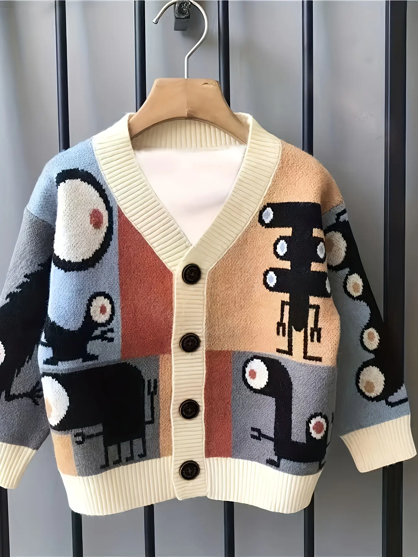 Boys' Knitted Cardigan Sweater, Autumn Winter New Arrival, Cartoon Pattern Design, Korean Style Clothing for Boys, Figure Print Sweater, Graphic Print Sweater