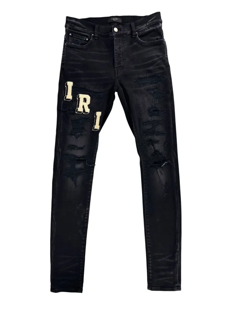 Amiri Logo Patch Distressed Denim Black Cream