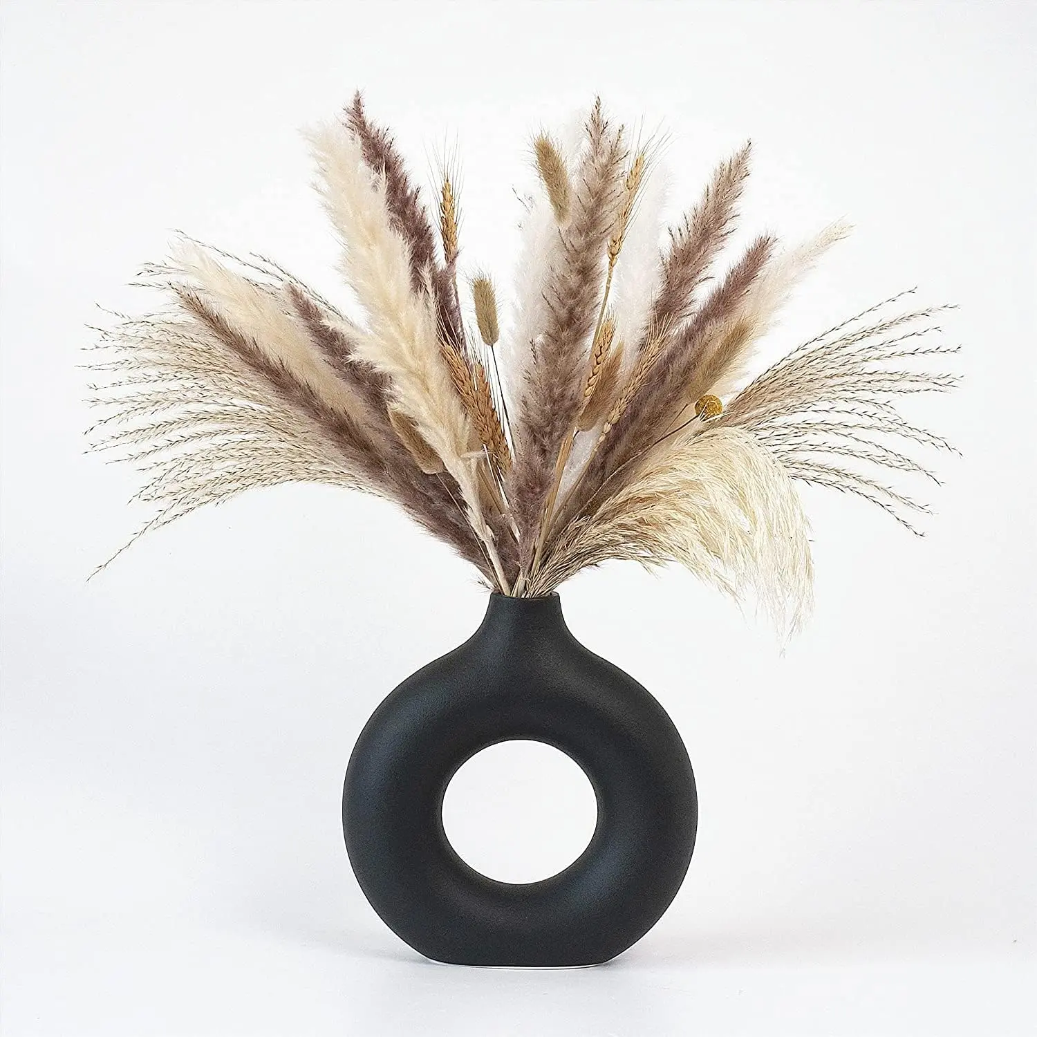 Handmade Black Round Donut Hollow Artisan Ceramic Vase - Decorative, Artistic Design Vases for Indoors, Modern Minimalist Boho Home Decor, Multi-Function Dinner Table Wedding Party Flower Display