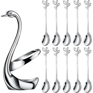 Silver Small Coffee Spoon Holder Set,Swan Base With 10 Pcs Demitasse Espresso Spoons Set,4.7" Mini Leaf Dessert Spoon,Stainless Steel Tea Spoons