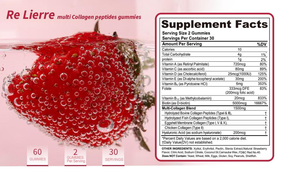 RE LIERRE Multi Collagen Gummies | 5 Types Peptides with Biotin & Hyaluronic Acid | Anti-Aging & Radiant Skin Supplement | Strawberry 60 Ct RE LIERRE Multi Collagen Gummies | 5 Types Peptides with Biotin & Hyaluronic Acid | Anti-Aging & Radiant Skin Supplement | Strawberry 60 Ct