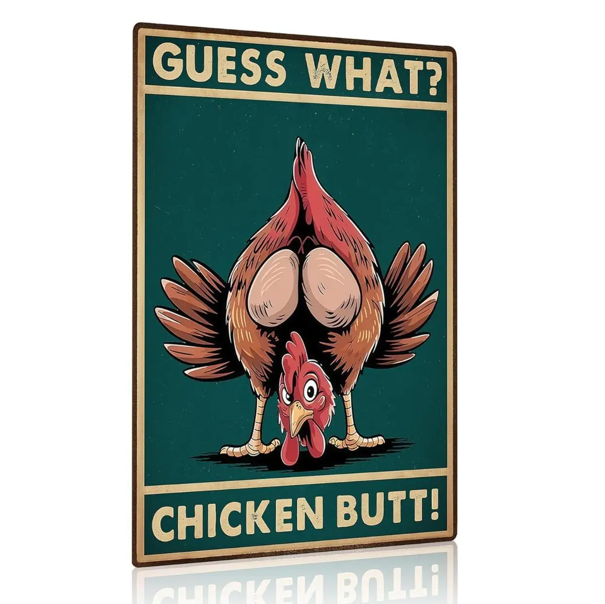 8x12 Inch Vintage Metal Tin Sign, Funny Guess What Chicken Butt Cartoon Rooster Plaque, Humorous Farm Coop Kitchen Wall Decor, Gag Gift For Chicken Lovers & Farmers