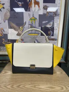 Pre-owned Celine Mixed Color Qianqiu Bag, Off White & Deep Blue & Lemon Yellow, Full Leather, Trendy Fashion