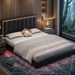 Modern Floating Bed Frame with USB LED Strip Lights, PU Leather Upholstered Headboard, Solid Wood Slats Platform Bed, Noise-Free Design, No Box Spring Needed, Easy Assembly, Full Queen King Size, Black White Bedroom Furniture