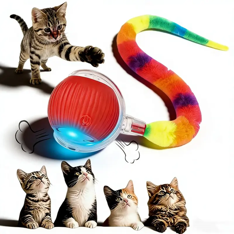 Silicone Pet Electric Automatic Rolling Ball, Smart Obstacle Avoidance Self-Entertainment Toy for Cats and Dogs, Colorful Plush Tail