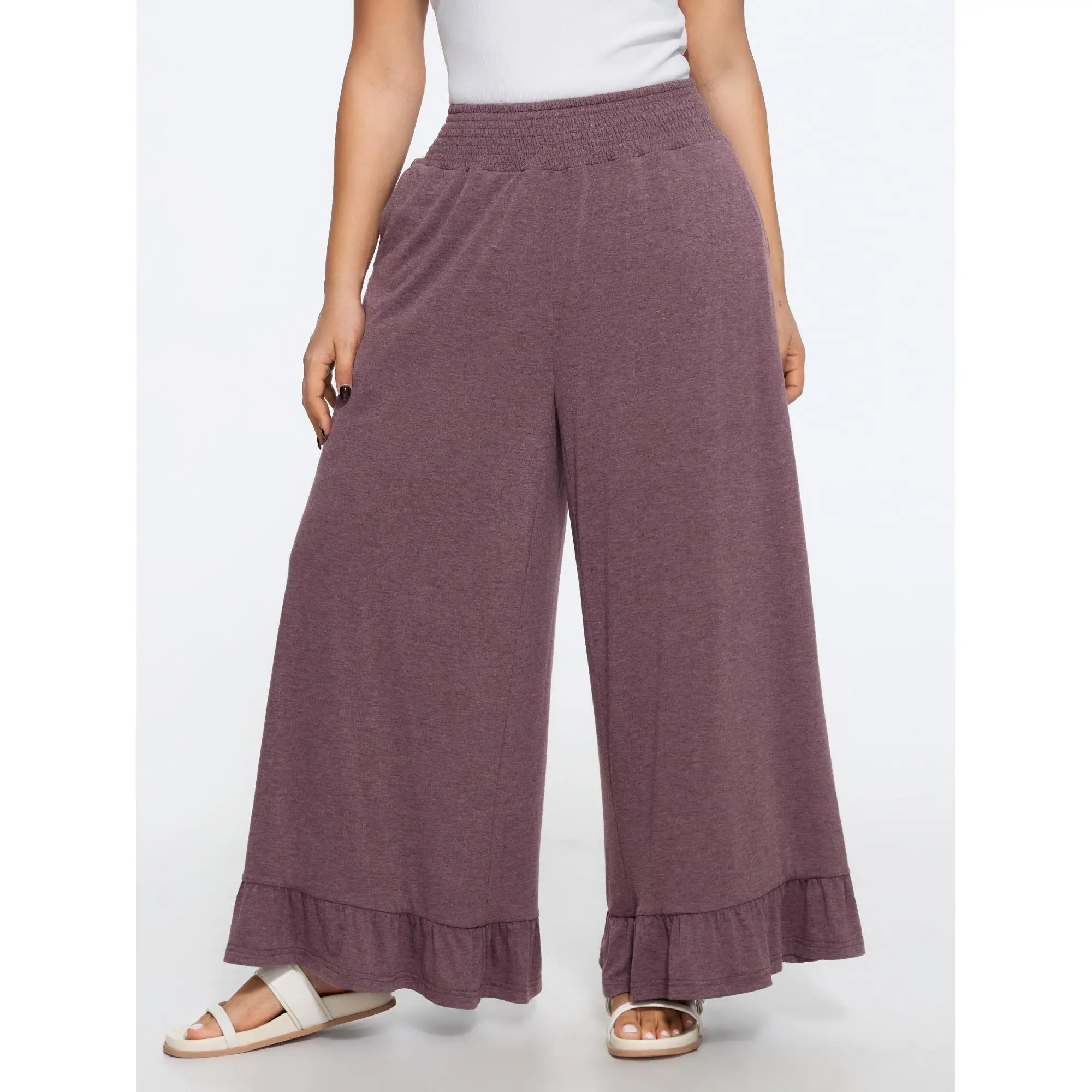 BLOOMCHIC Women's Plus Size Basic Spandex Garment Wide Leg Pants - Supersoft Elastic Waist, Ruffle Hem, Summer Spandex Fabric Bottoms [M-6X]