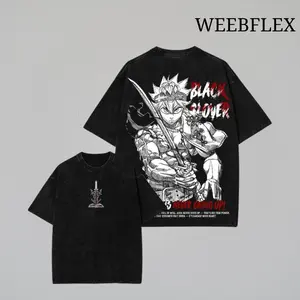 Asta Black Clover Vintage Oversized Anime T-Shirt, Double Printed Acid Washed Unisex Streetwear Graphic Tee for Anime Lovers