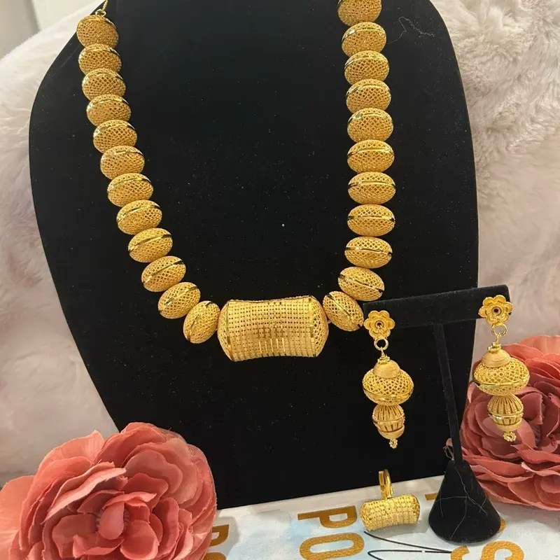 24k Classic Indian Gold Plated Jewelry Set - Necklace, Earring, and Ring Set