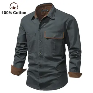 Zaitun Men's Washed Cotton Two Pockets Long Sleeve Work Snap Button Up Solid Corduroy Twill Shirt