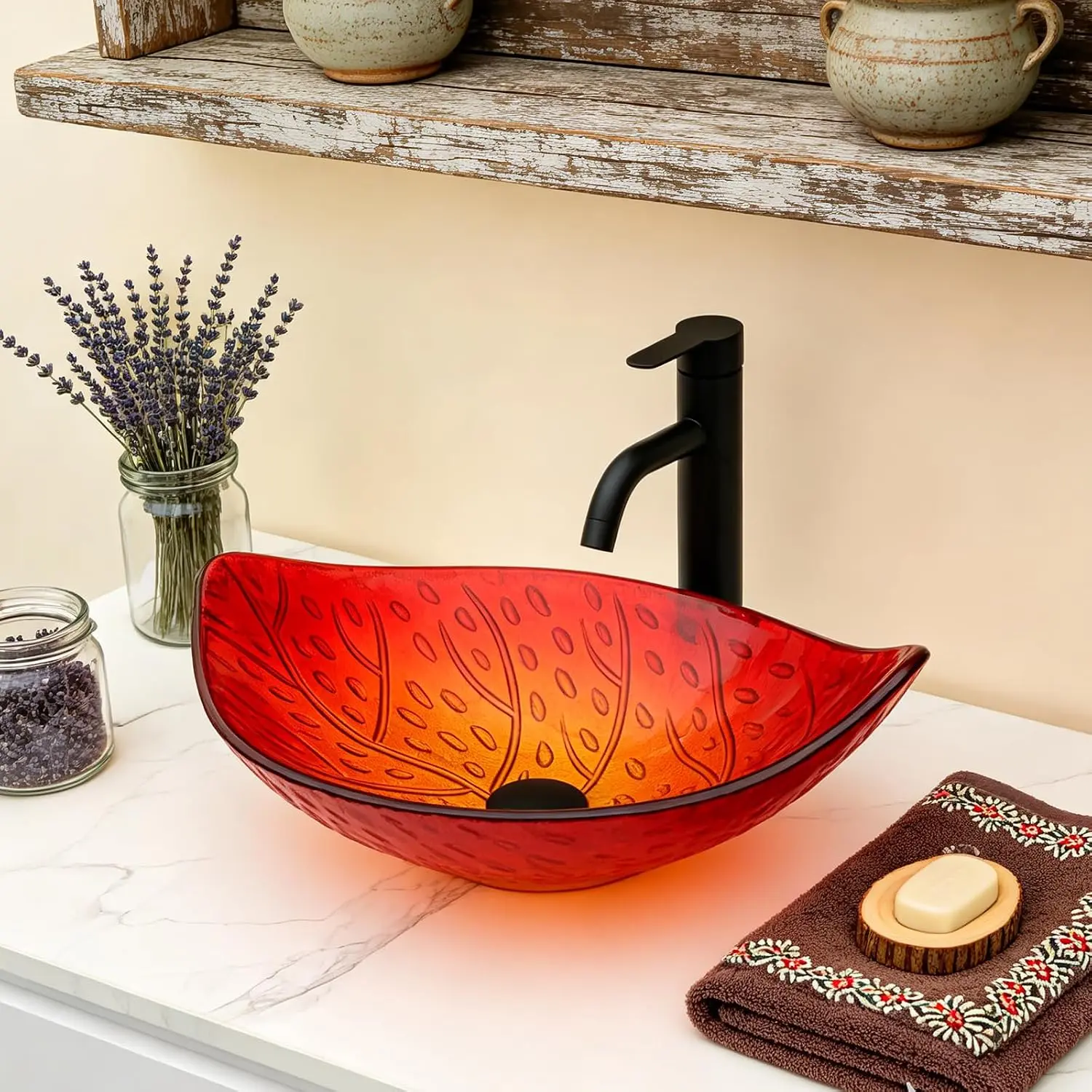 Logmey 22-in Red Leaf Tempered Glass Vessel Sink, Anti-Splash Bathroom Sink Complete Set with Matte Black Pop-Up Drain,bathroom remodel,modern bathroom design