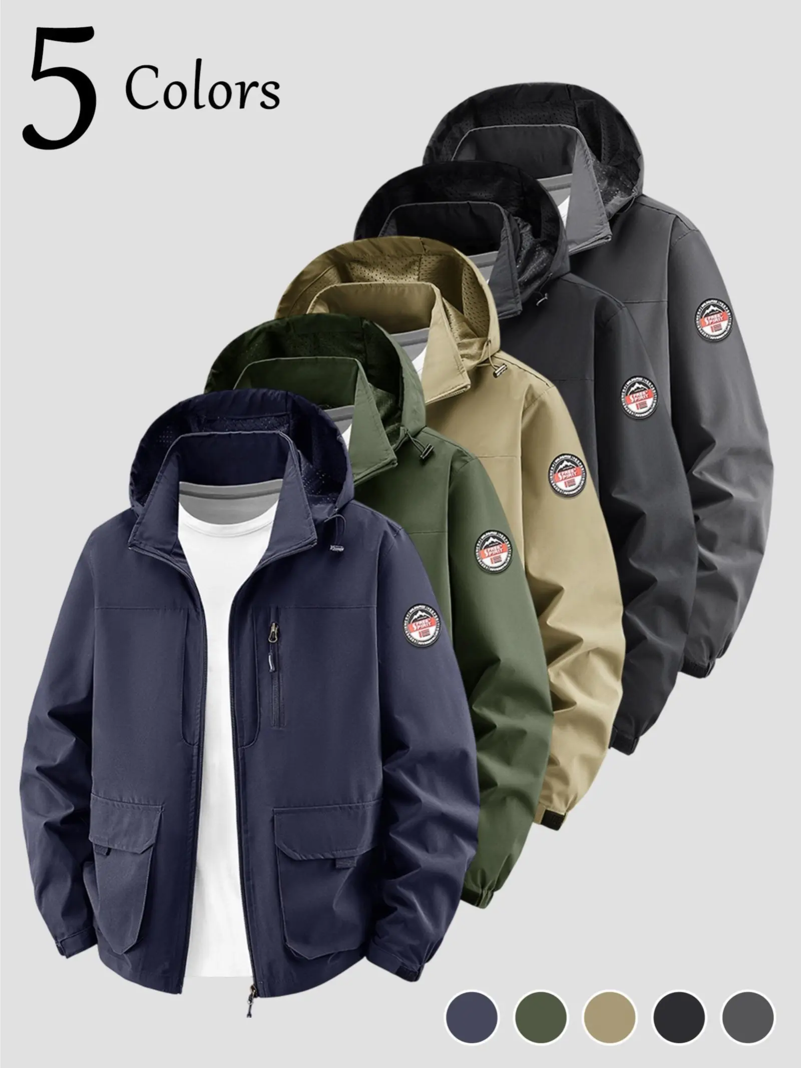 Guys Mountain Exploration Hooded Jacket Casual Windbreaker Stand Neck Zippered Chest Pocket Large Flap Side Pouches Breathable Net Lining Sleeve Circle Badge Daily Commuter Layering Piece Loose Roomy Fit Holiday Travel Activewear Performance Coat 5-Colors