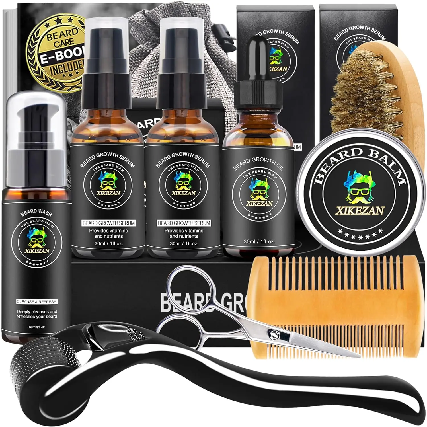 Beard Kit,Beard Grooming Care Kit w/Beard Wash,,Comb,Brush,Scissor,Bag,E-Book,Mens Stocking Stuffers for Men,Valentines Day Gifts for Him Boyfriend Husband