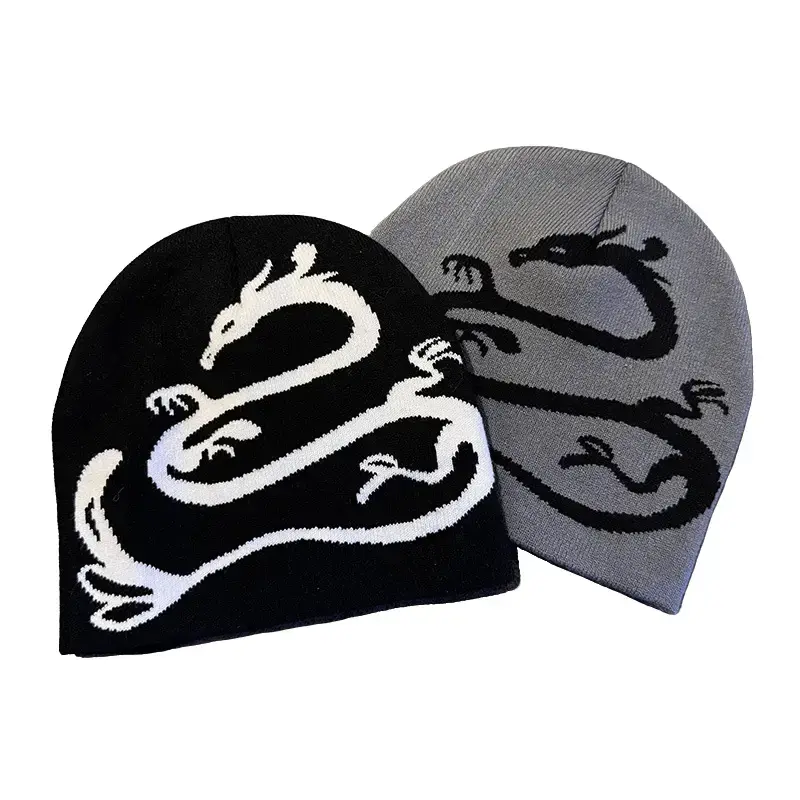 Unisex Dragon Jacquard Knit Beanie, Autumn Winter Ear-Protective Skull Cap, Street-Style Hip-Hop Skateboard Hat for Men Women Daily Outfit