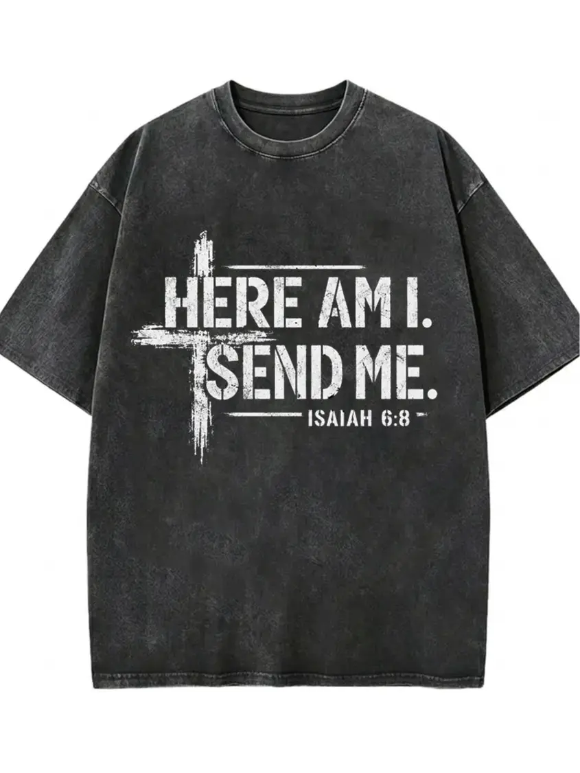 Unisex Washed Cotton T-Shirt, Casual Menswear Shortsleeve Top with Isaiah 6:8 Distressed Christian Cross Graphic, Tshirt, Relaxed Fit, Mission Quote, Year-Round