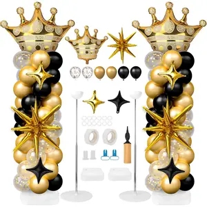Black Gold Balloon Column Stand Kit Adjustable Tower Set with Star Crown Balloons Decor