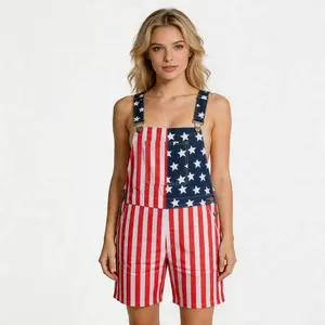 4th of July American Flag Overalls Shorts for Adults, Denim Bib Shorts USA 250th Patriotic Outfit for Memorial Day Celebrations and Summer Events
