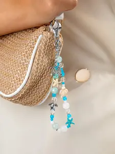 Oceanic Turtle Ship Wheel Bead Keychain for Purse, Blue Contrast Starfish Shell Bag Charm, Vacation Style Accessory, Unique Beach Decor