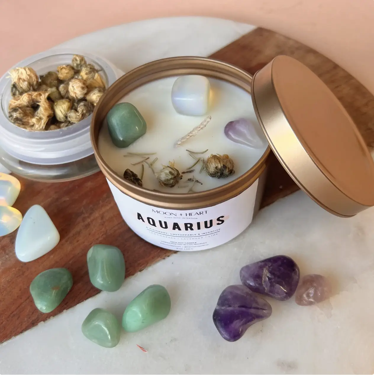 The Moon Heart Aquarius Zodiac Sign intention candle with soy wax and infused crystals for manifestation Aroma Decor Aroma Decor Gift Scent Set Box Floral Fragrance