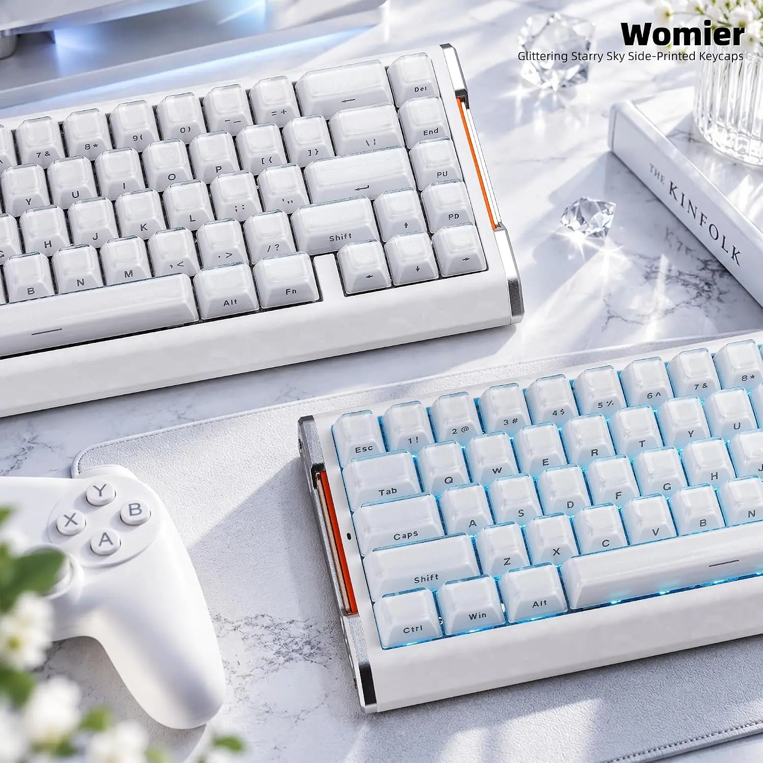 Womier Starry Sky Crystal Keycaps, Jelly Clear Keycaps,Glittering Keycaps 124-Keys Side-Printed Double Shot for MX Switches & ANSI 60% 75% 100% Layout Mechanical Keyboards