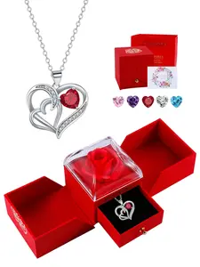 Heart CZ Birthstone Pendant Necklace With Rose Jewelry Gift Box, Valentine's Day Anniversary Birthday Mothers Day Jewelry Gift for Mom Wife Girlfriend