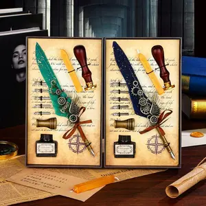 High-End Vintage Mechanical Gear Quill Pen Set, Gothic Calligraphy Nib Pens, Ink Bottle, Seal Wax, Perfect Gift for Holidays