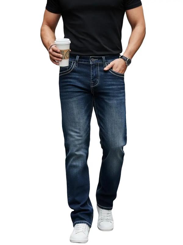 Men's Slim Straight Dark Wash Jeans with Thick Contrast Stitching for Comfort and Style