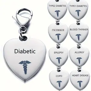 Stainless Steel Heart Shape Creative Medical Id Pendant Keyring For Men, Diabetic Type 1 Type 2 Keychain For Men, Ideal choice for Gifts