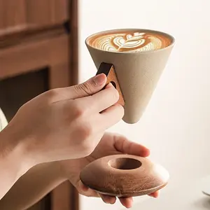 Handmade Ceramic Coffee Cup, Thick 8.45oz Ice Tea Mug, Large Spout, Funnel Shape, Real Wood Handle & Coaster, Ideal Gift