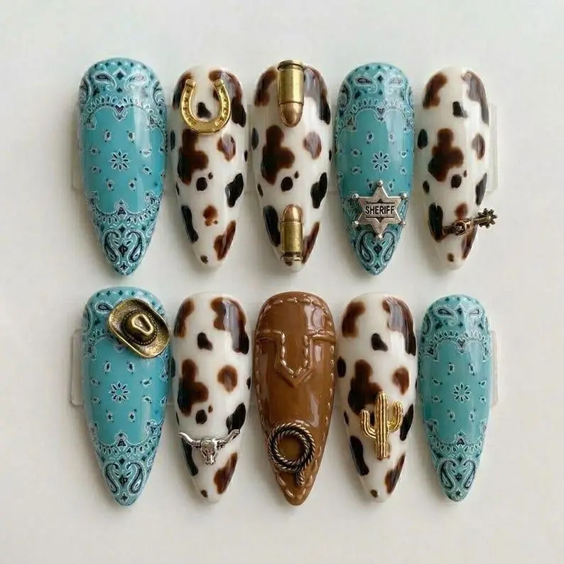 Western Cowboy Press On Nails 3D Turquoise Cow Print Rustic Country Cowgirl Y2K Charm