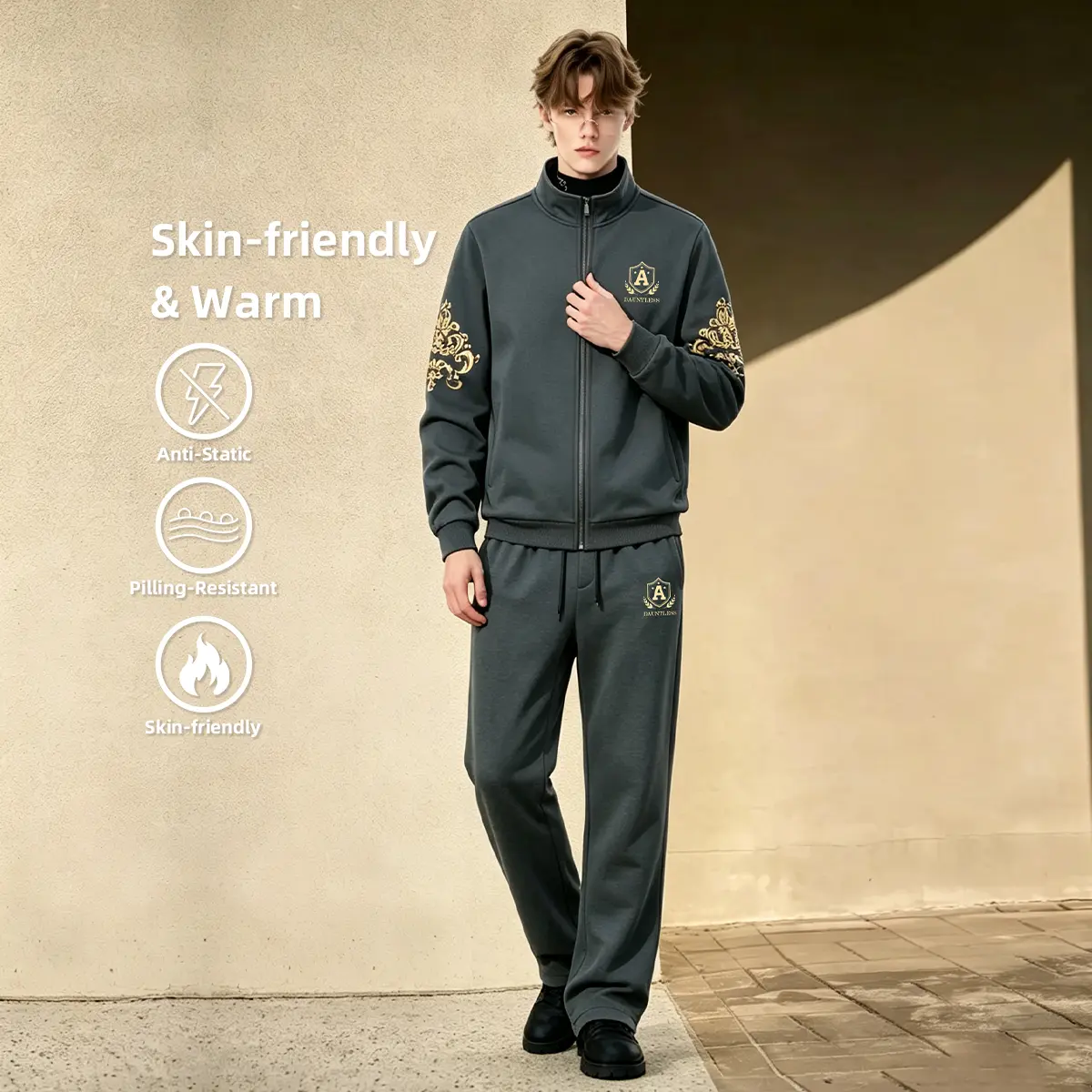 Men's Fubu 3-Piece Polyester Loose-Fit Sports Set - Fleece Jacket, Zip-Up Cardigan, Sweatpants with Chain Detail, Layered Tiers, Plant Print, Casual Student Outfit