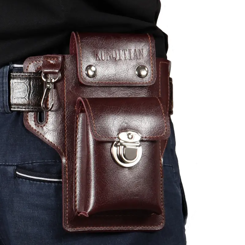 Men's Cowhide Leather Holster Belt Pouch - Waist Pack for Mobile Phones Up to 6.3 Inches (Sports & Outdoor Camping Hiking Use)