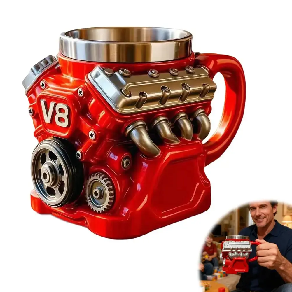 3D V8 Engine Car-Shaped Stainless Steel Insulated Tumbler - Heavy-Duty, Heatproof Retro Mechanical Drinkware for Coffee, Tea, Reusable Washable Automotive Lover Holiday Gift for Him