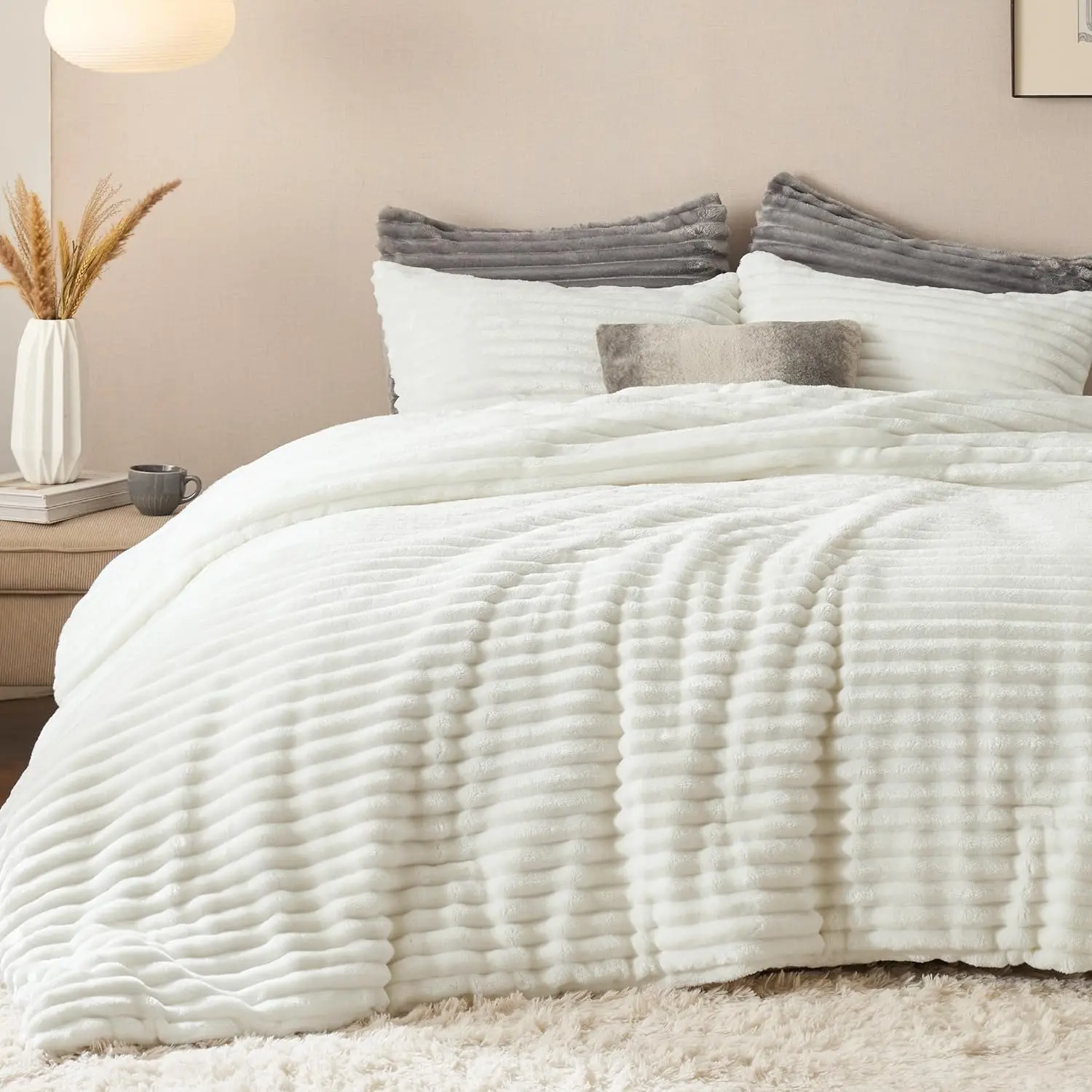 Queen Size Fluffy Faux Fur Comforter Set - Cream White, Winter Warm Plush Shaggy, 1 Comforter with 2 Pillowcases, Christmas Gifts