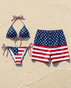 Couple USA Flag Swimwear Set, American String Bikini and Matching Swim Trunks, Summer Honeymoon Beachwear Outfit