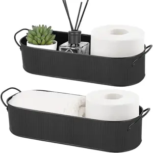 Metal Storage Basket for Toilet Tank Top Bathroom Decor, Galvanized Tray with Handle for Shelves, Farmhouse Toilet Paper Holder Organizing Bin Box for Countertop Living Room, Set of 2, Black