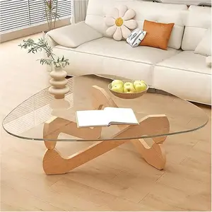 Coffee Tables for Living Room-Triangle Glass Coffee Table with Irregular Wooden Base End Table,Mid-Century Modern Abstract End Table,for Small Spaces Study Room Office Hotel Balcony (35.8"x25.6"x15.7'')