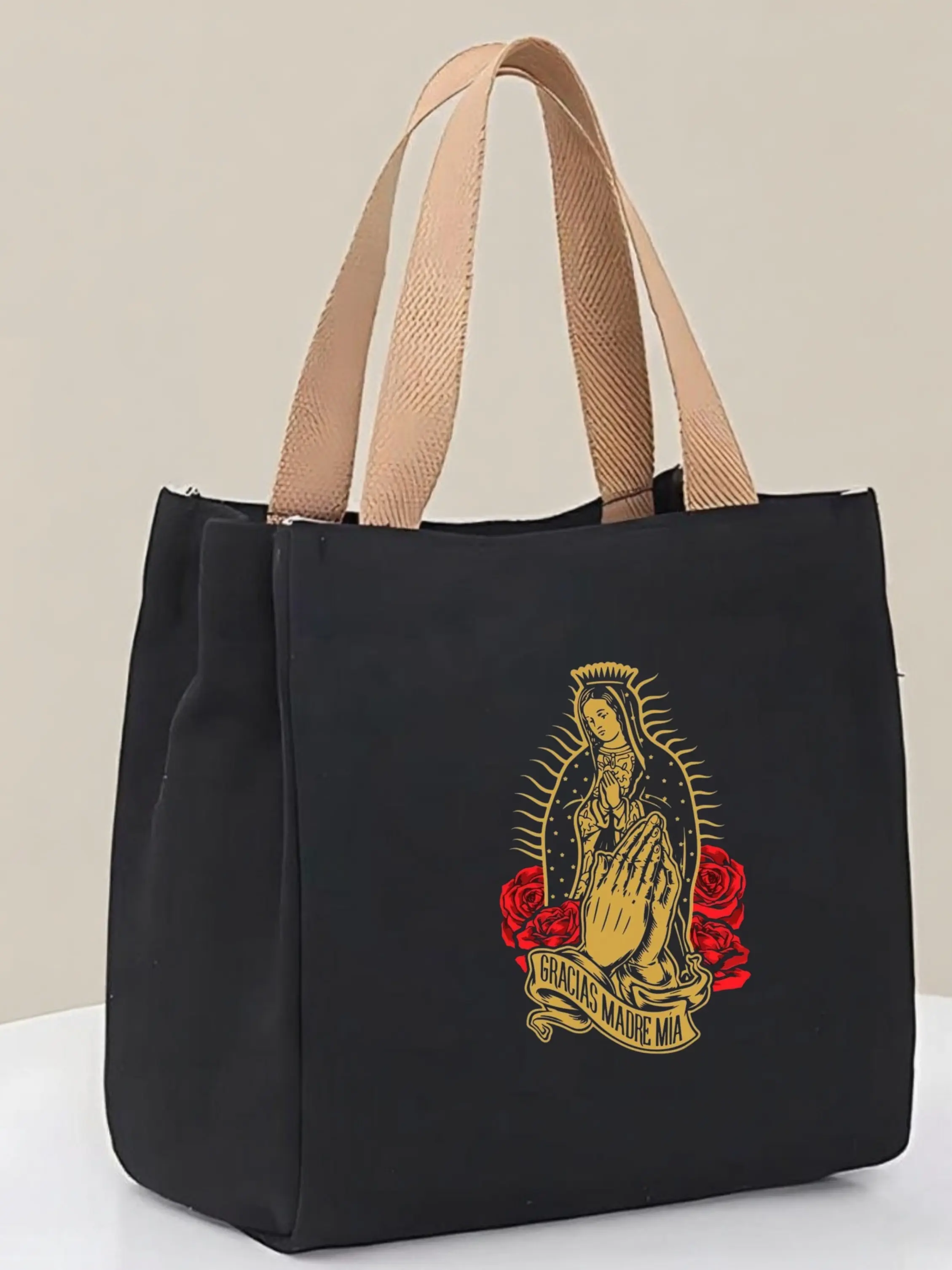 Canvas Tote Bag, Guadalupe Virgin Mary Print, Religious Theme Shoulder Bag, Vintage Mexican Style, Reusable Shopping Bag, Large Capacity, Durable, Perfect Gift for Catholics and Believers, Trendy Tote Bag, Stylish Tote Bags, Carry All Tote