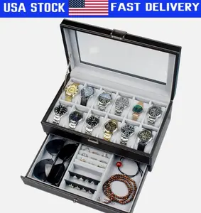 12 Grids Jewelry Case Storage Watch Box Leather Display Organizer Glass Top Gift